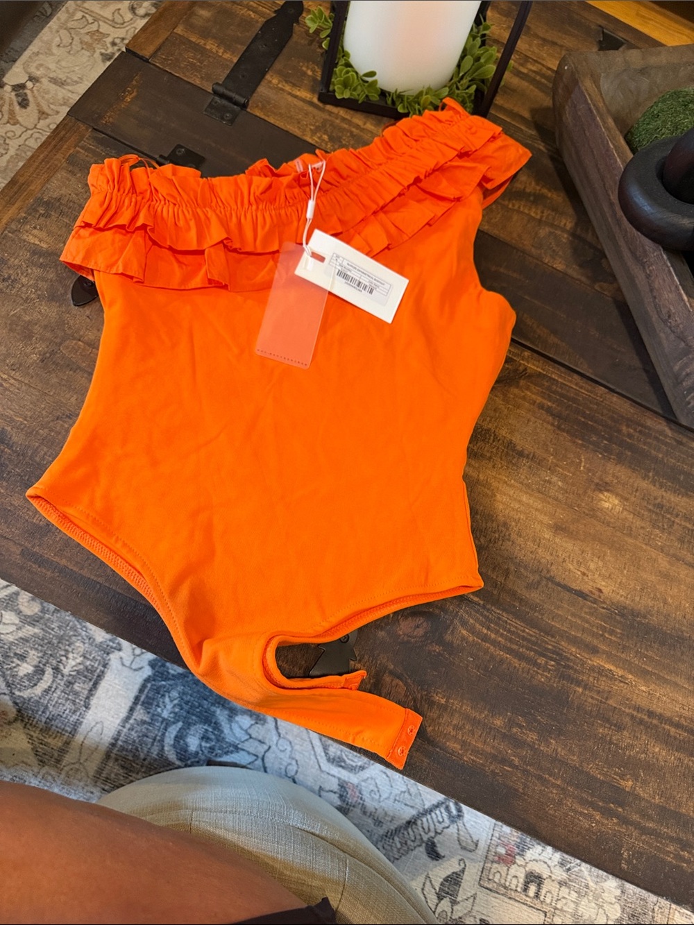 Endless Rose Orange One-Shoulder Ruffle Bodysuit - Picture 2 of 4